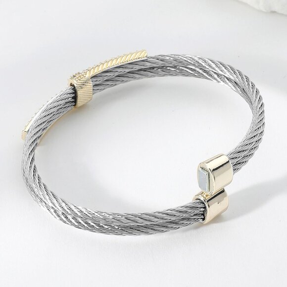 CZ Stone Paved Abstract Bar Pointed Two Tone Cable Magnetic Bracelet - Picture 3 of 4